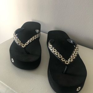 Lady Laurels Black Wedge Sandals with Swarovski